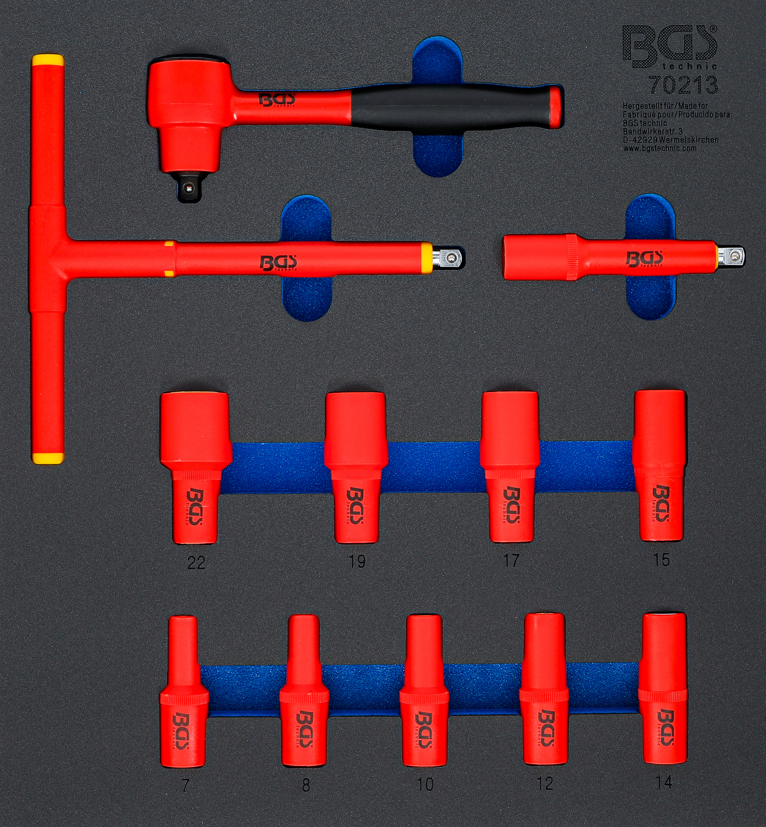 BGS 70213 Werkstattwageneinlage 2/3: VDE-Steckschlüssel-Satz | Antrieb Innenvierkant 10 mm (3/8") | SW 7 - 22 mm | 12-tlg.