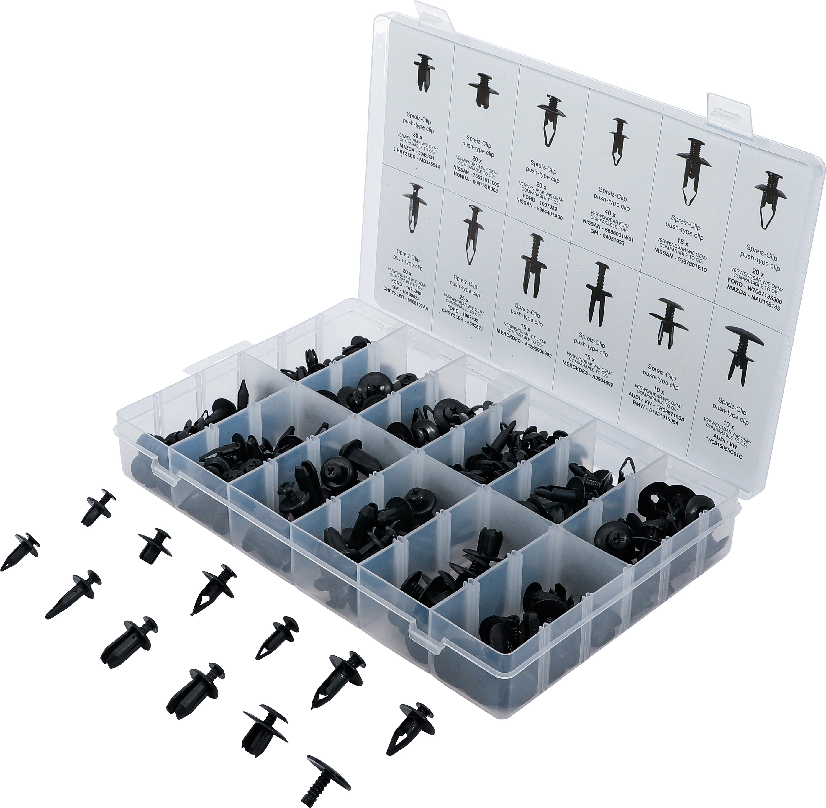 BGS 9057 Kunststoffspreizclip-Sortiment für Mazda, Honda, Ford, Nissan, VW | 240-tlg.