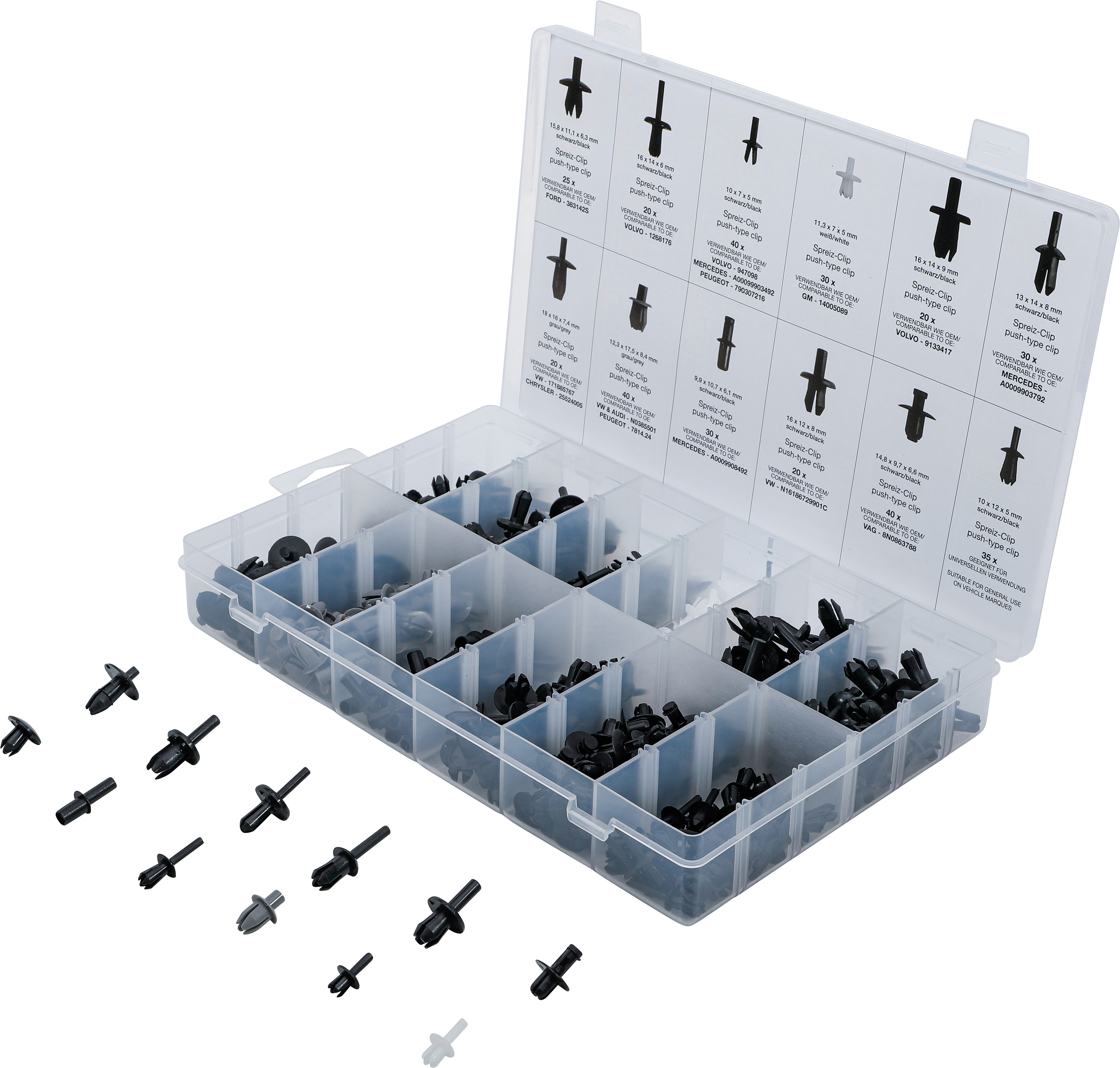 BGS 9045 Kfz-Befestigungsclip-Sortiment für VW, Audi, Volvo, Chrysler, Ford, Mercedes-Benz | 350-tlg.