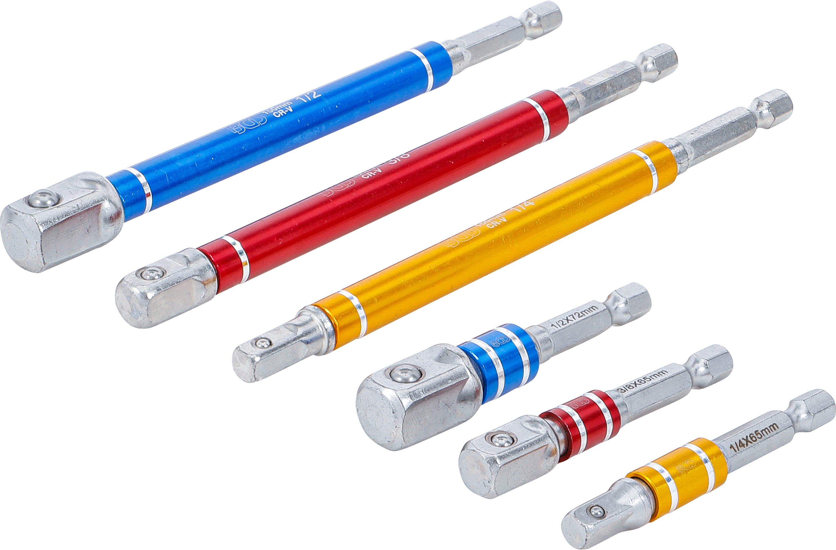 BGS 74424 Adapter-Satz für Bohrmaschinen | farbig | Antrieb Außensechskant 6,3 mm (1/4") | Abtrieb Außenvierkant 6,3 mm (1/4"), 10 mm (3/8"), 12,5 mm (1/2") | 75 - 150 mm | 6-tlg.