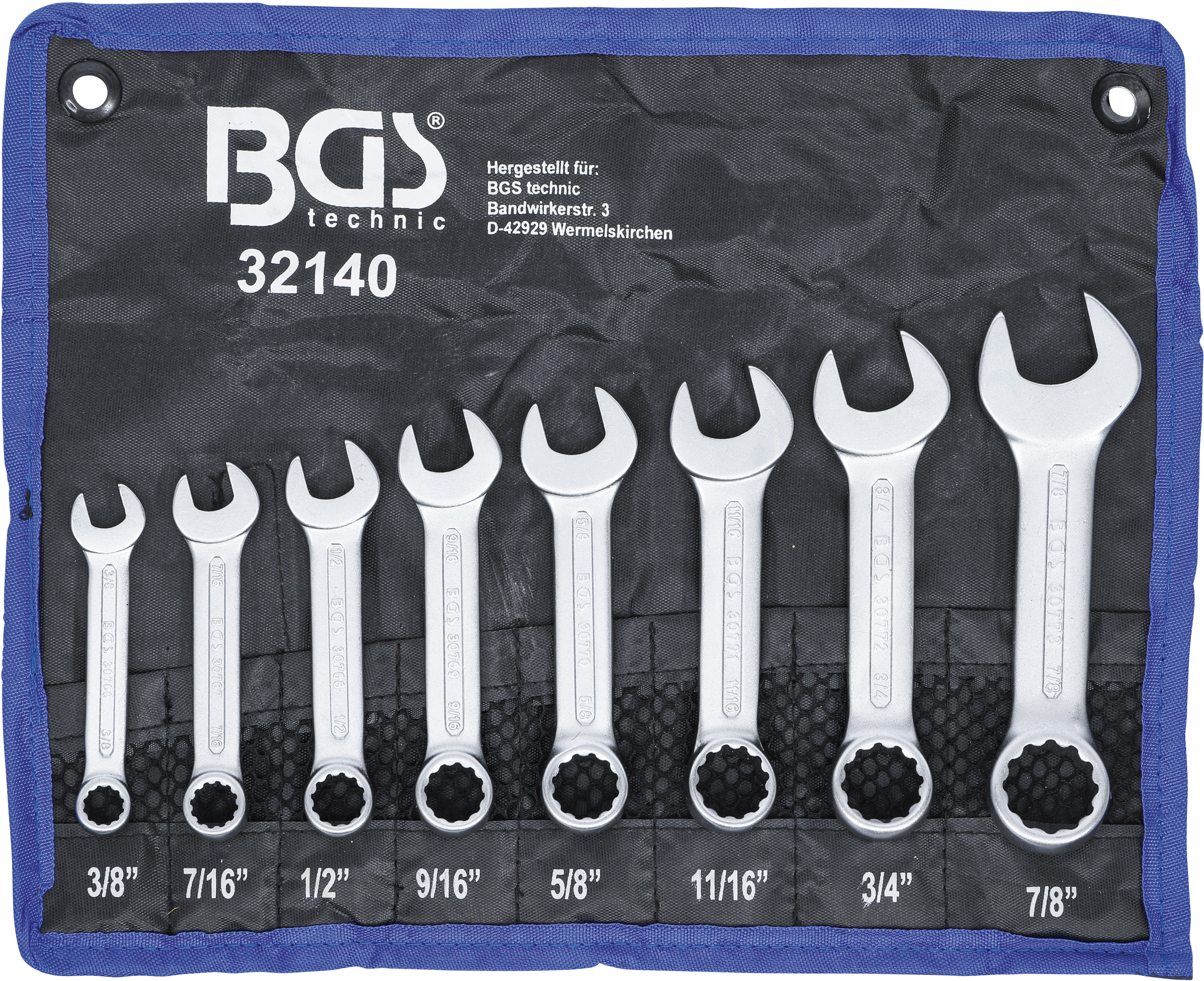 BGS 32140 Maul-Ringschlüssel-Satz | extra kurz | Zollgrößen | SW 3/8" - 7/8" | 8-tlg.