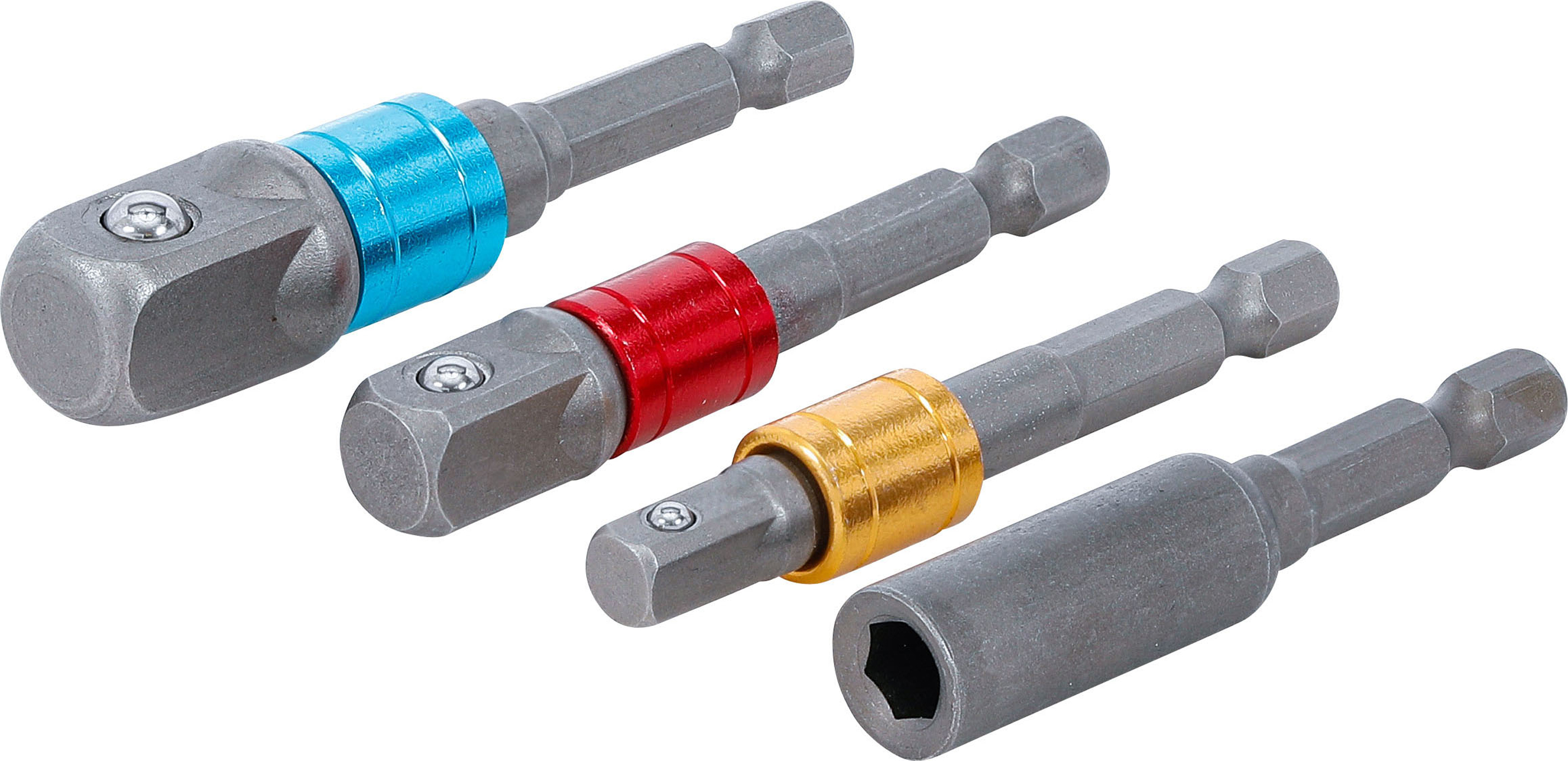 BGS 20814 Adapter-Satz für Bohrmaschinen | farbig | Antrieb Außensechskant 6,3 mm (1/4") | Abtrieb Außenvierkant 6,3 mm (1/4"), 10 mm (3/8"), 12,5 mm (1/2"), Innensechskant 6,3 mm (1/4") | 4-tlg.
