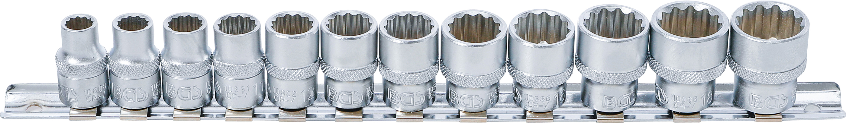 BGS 9105 Steckschlüssel-Einsatz-Satz, Zwölfkant | Antrieb Innenvierkant 10 mm (3/8") | SW 8 - 19 mm | 12-tlg.