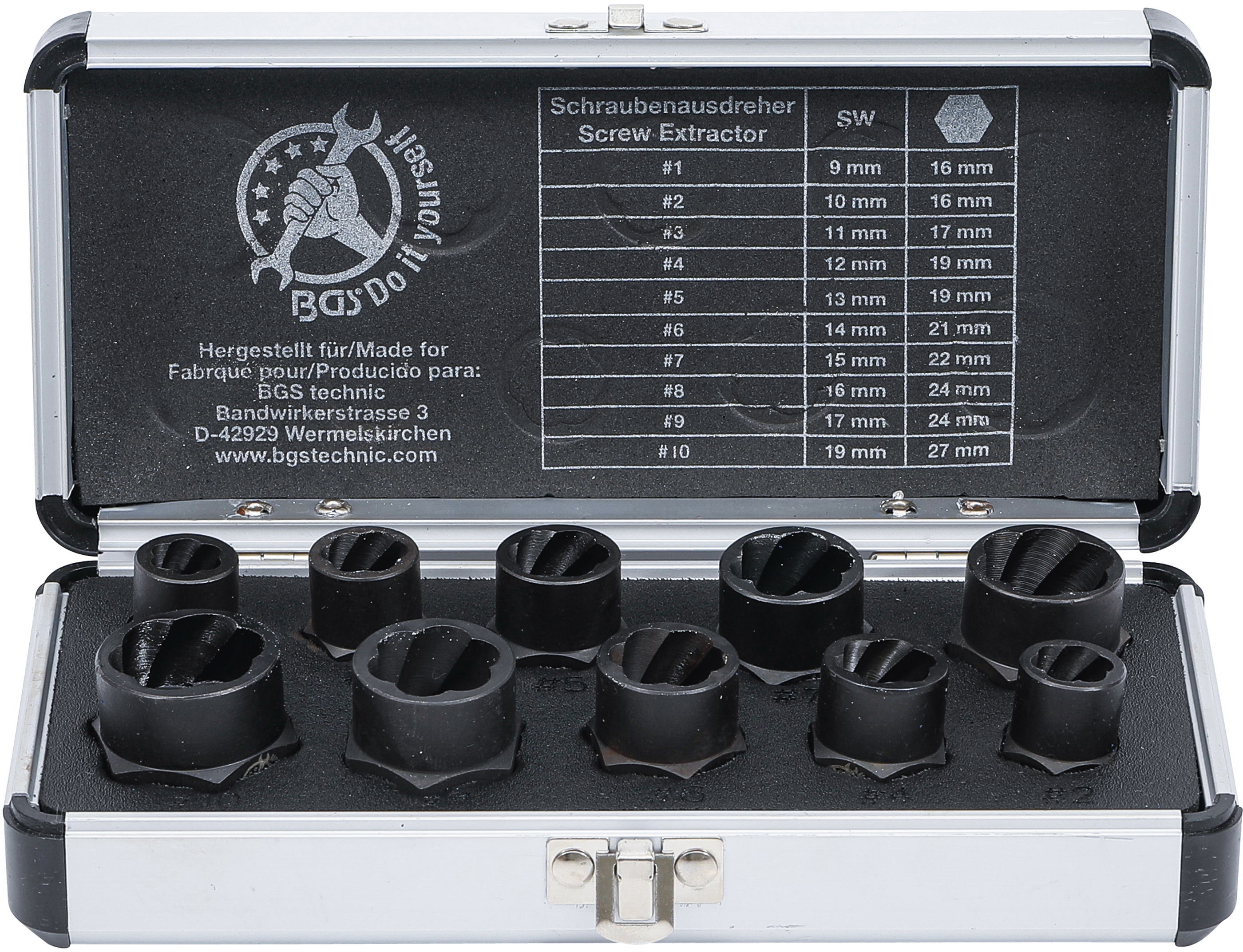 BGS 20210 Spiral-Profil-Steckschlüssel-Satz / Schraubenausdreher | Antrieb Innensechskant 10 mm (3/8") / Außensechskant | SW 9 - 19 mm | 10-tlg. BGS 20210 Spiral-Profil-Steckschlüssel-Satz / Schraubenausdreher | Antrieb Innensechskant 10 mm (3/8") / Außensechskant | SW 9 - 19 mm | 10-tlg.