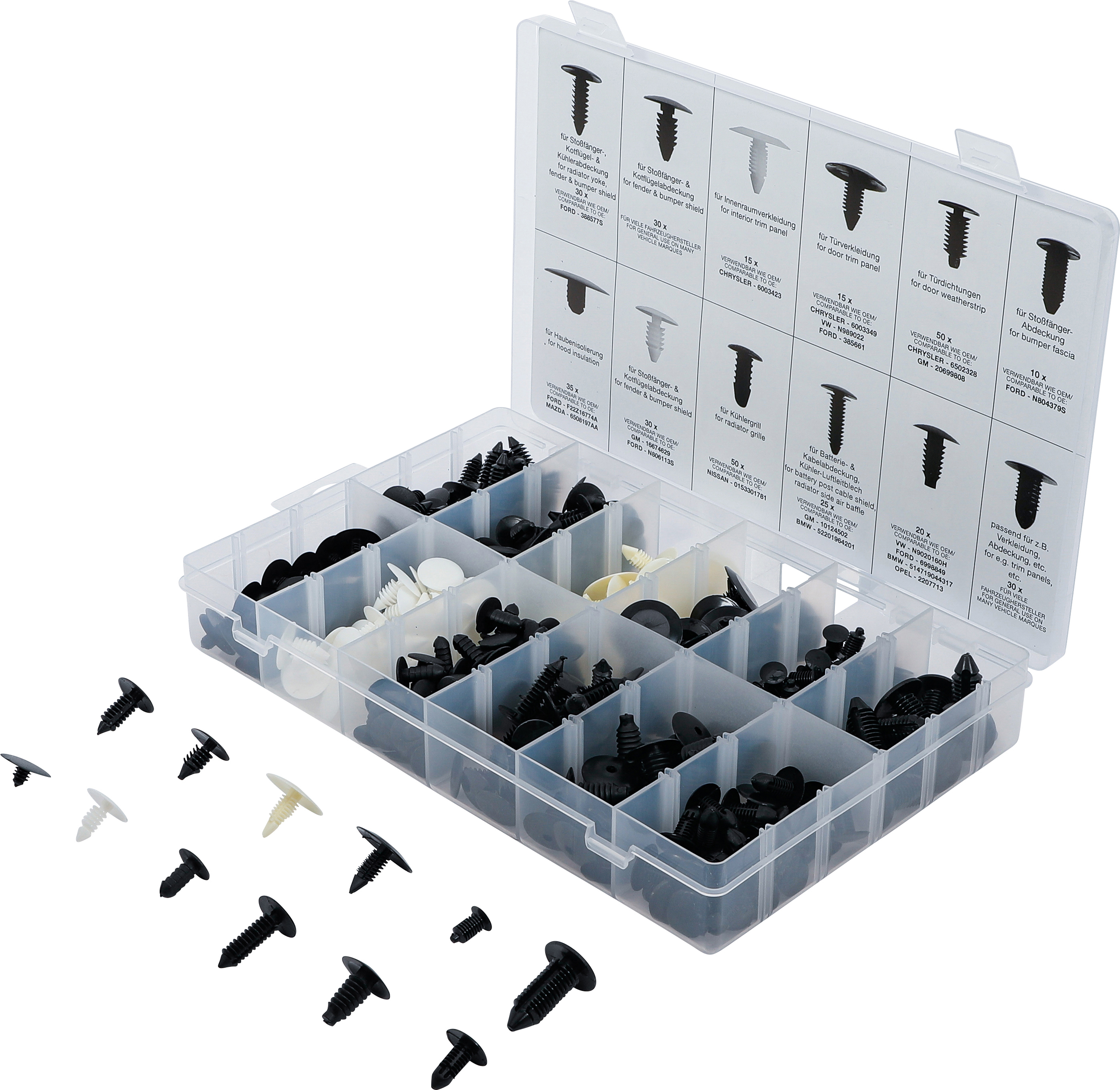 BGS 9055 Tannenbaumclip-Sortiment für GM, VW, Chrysler, BMW, Nissan, Ford | 340-tlg.