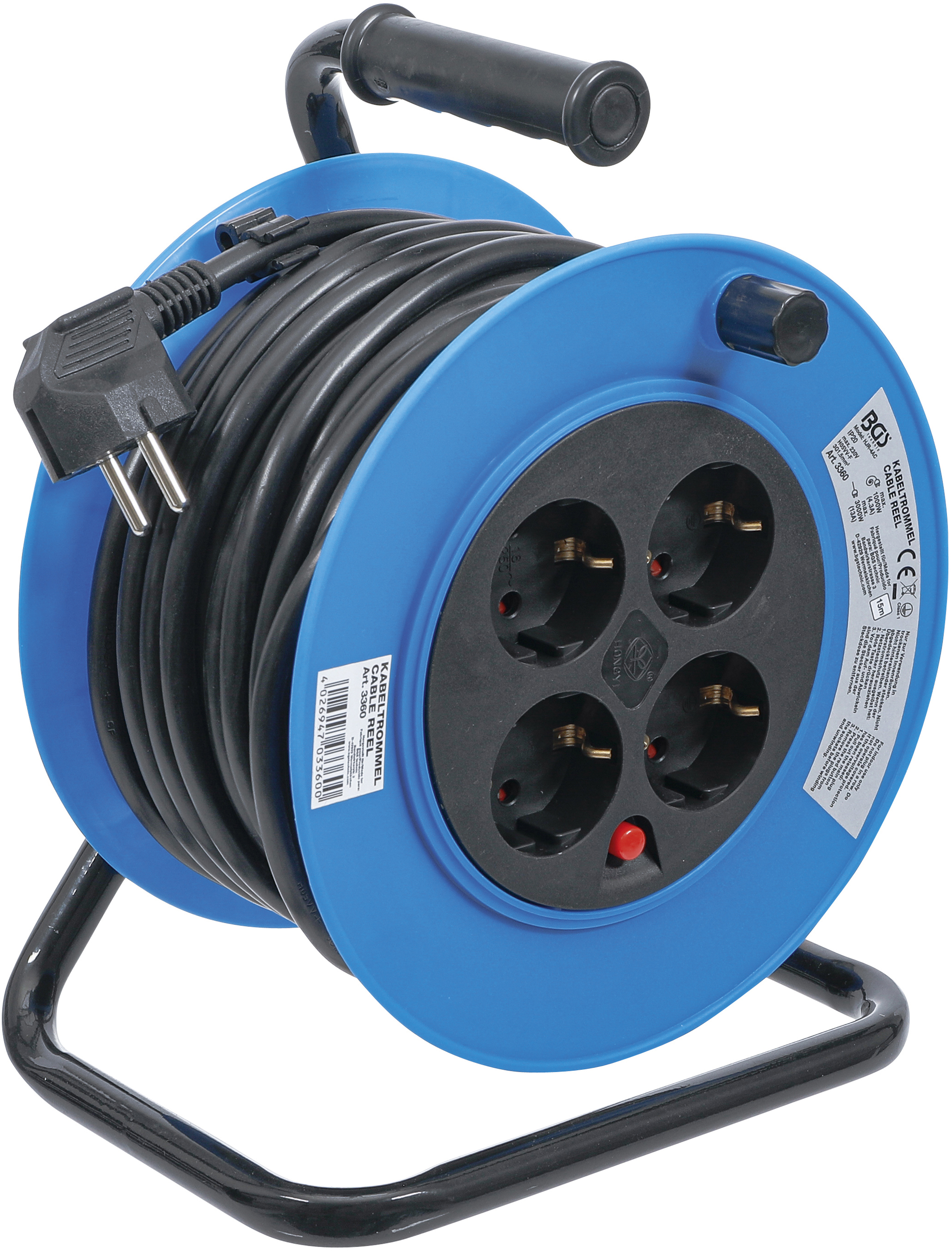 BGS 3360 Kabeltrommel | 15 m | 3 x 1,5 mm² | 4 Steckdosen | IP 20 | 3000 W