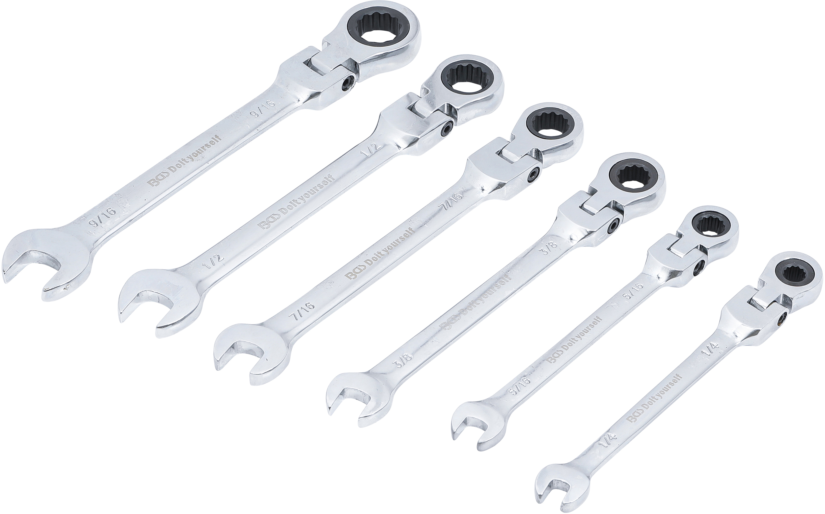 BGS 30005 Ratschenring-Maulschlüssel-Satz | flexible Köpfe | Zollmaße | SW 1/4" - 9/16" | 6-tlg.