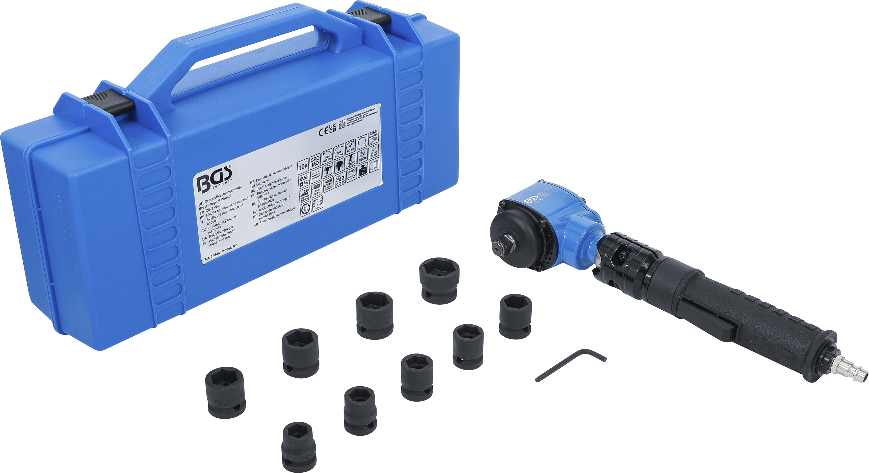 BGS 74348 Druckluft-Schlagschrauber | abgewinkelt & Kraft-Steckschlüssel-Satz | 12,5 mm (1/2") | 650 Nm | 10-tlg.