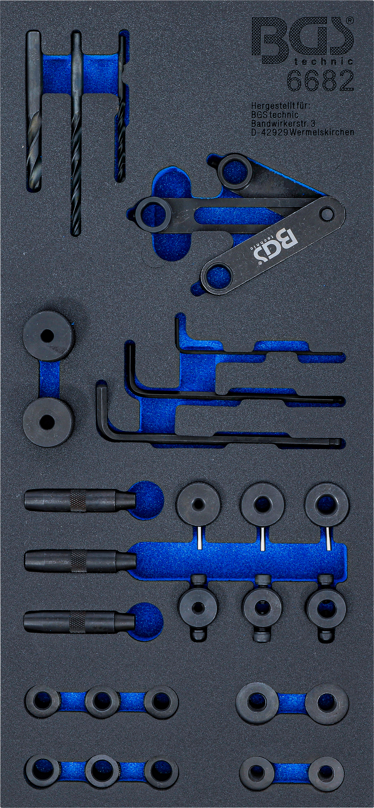 BGS 6682 Werkstattwageneinlage 1/3: Zylinderkopf-Bohrlehren-Werkzeug-Satz | 28-tlg.